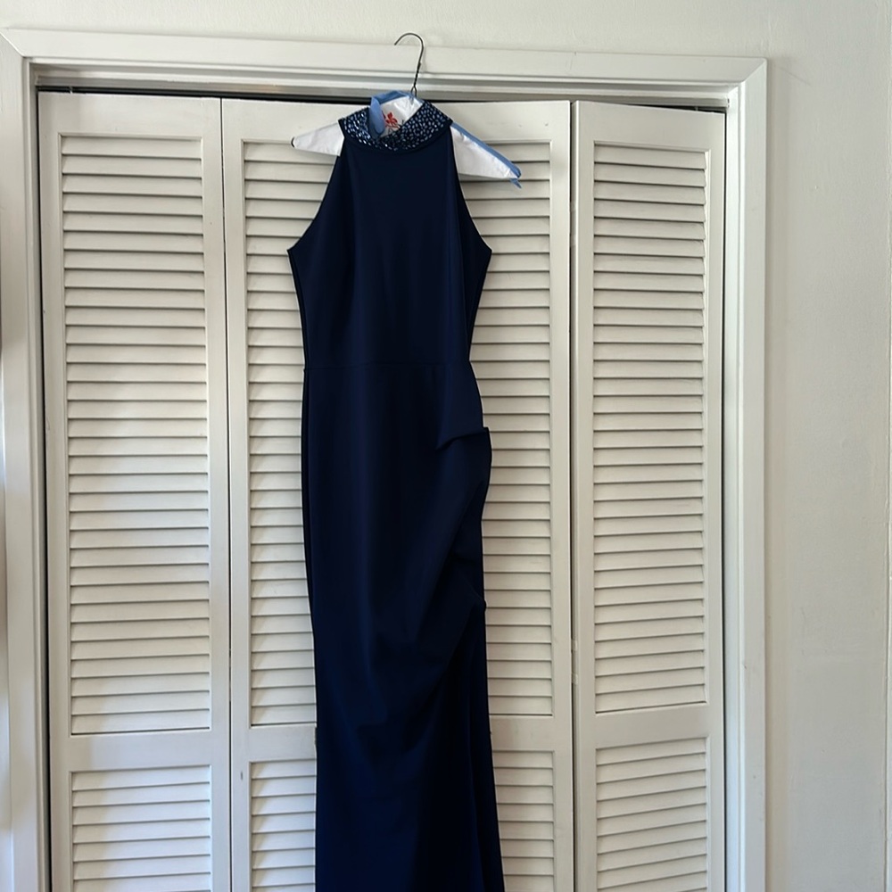 Chiara Boni la petit robe slavnika beaded neck halter gown navy